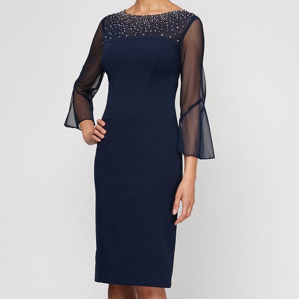 Alex Evenings Beaded Neckline Sheer Long Sleeve Navy Blue Dress - size 18